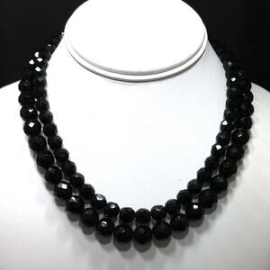 Vintage Black Crystal Beaded Necklace, Strung on Chain, Two Strands, 17 Inches